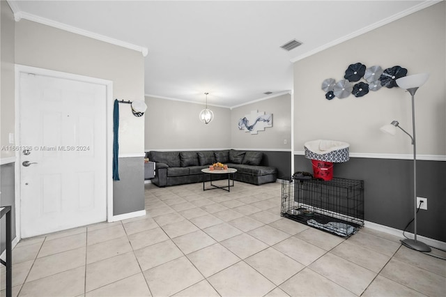 tiled living room featuring crown molding