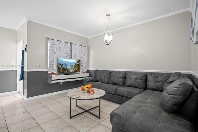 living room with light tile patterned floors and crown molding