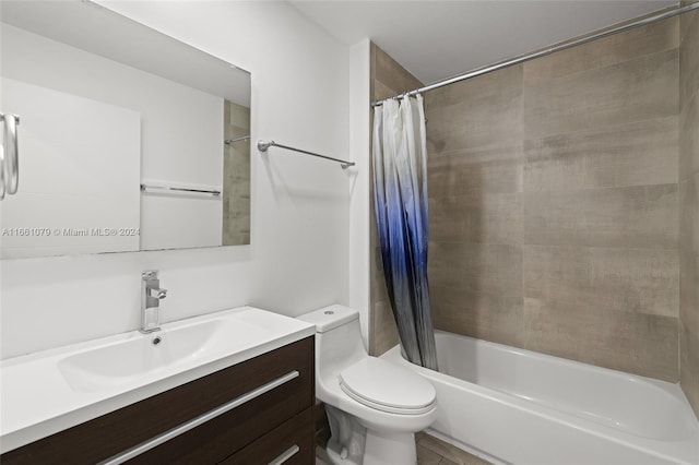 full bathroom featuring vanity, toilet, and shower / bathtub combination with curtain