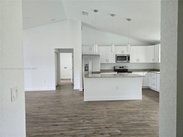 kitchen featuring pendant lighting, stainless steel appliances, dark hardwood / wood-style flooring, and white cabinetry