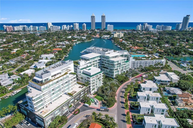 drone / aerial view with a water view