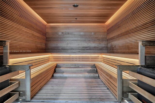 4701 N Meridian Ave Unit 510, Miami Beach, FL 33140 - sauna featuring wooden ceiling, wooden walls, and hardwood / wood-style flooring