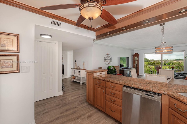 kitchen with hardwood / wood-style flooring, dishwasher, crown molding, ceiling fan, and decorative light fixtures