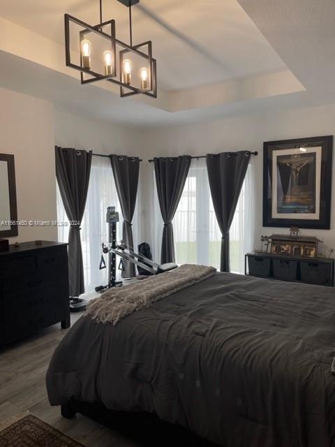 bedroom with a raised ceiling and hardwood / wood-style floors