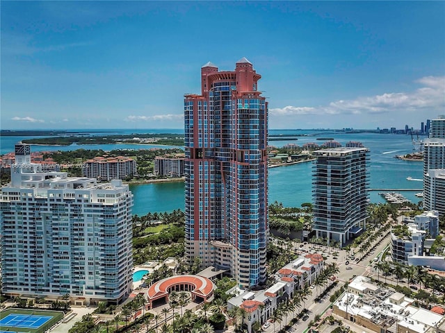 aerial view featuring a water view