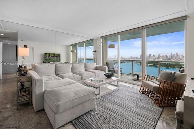 living room featuring expansive windows and concrete flooring