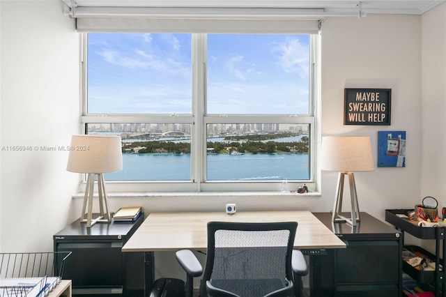 office featuring a wealth of natural light and a water view