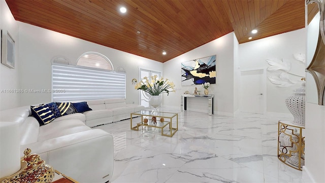 living room with lofted ceiling and wooden ceiling