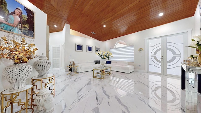 living room featuring wooden ceiling and lofted ceiling