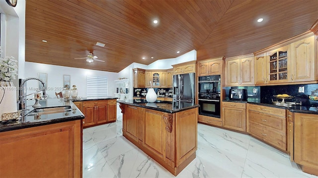 kitchen with stainless steel fridge with ice dispenser, sink, wood ceiling, and tasteful backsplash