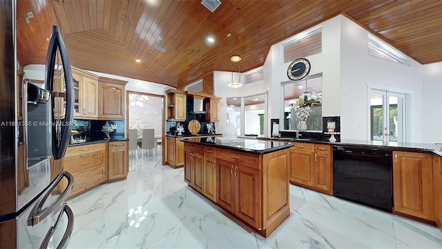 kitchen with backsplash, a center island, vaulted ceiling, wooden ceiling, and black dishwasher