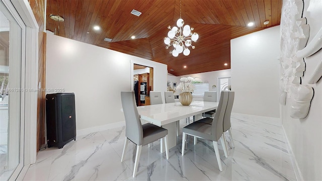 dining space with a chandelier, vaulted ceiling, and wooden ceiling