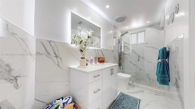 bathroom featuring walk in shower, tile walls, and toilet