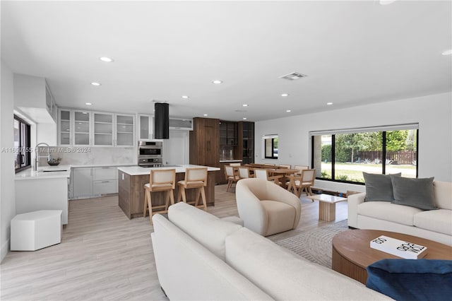 living room with light hardwood / wood-style flooring and sink