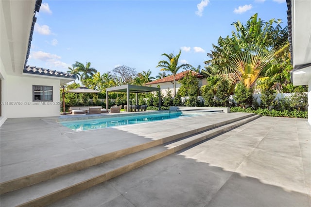 outdoor pool with a patio area and an outdoor hangout area