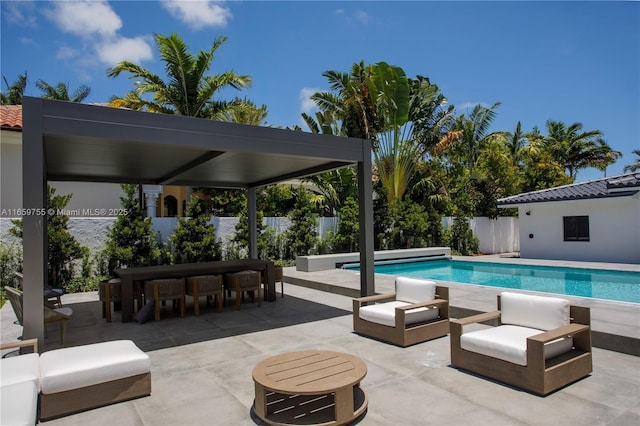view of swimming pool featuring a fenced in pool, a patio area, and a fenced backyard