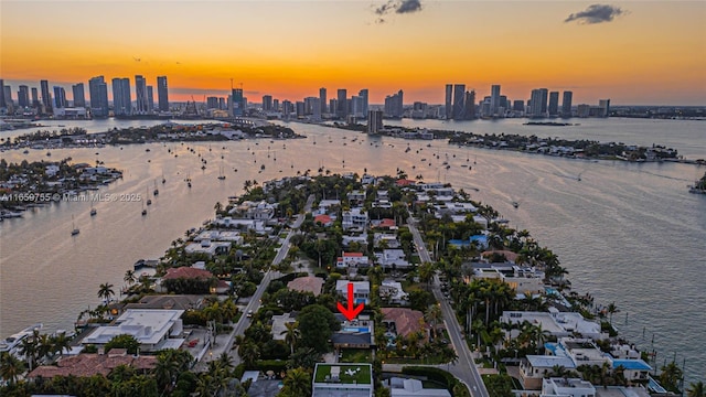 birds eye view of property featuring a water view and a city view