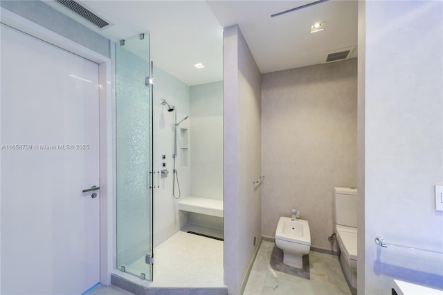 bathroom with visible vents, a bidet, toilet, and a stall shower