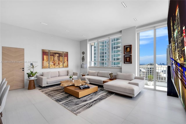 living room with a wall of windows