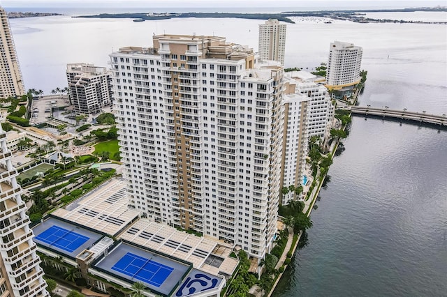 drone / aerial view with a water view