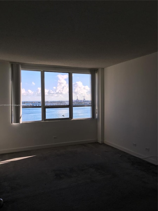 carpeted spare room with a water view