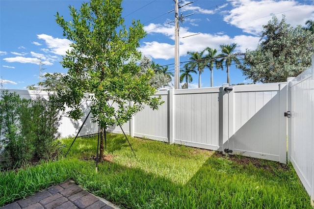 view of yard with a gate and a fenced backyard