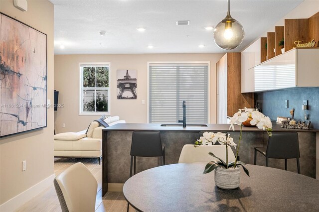 dining area featuring sink and light hardwood / wood-style floors