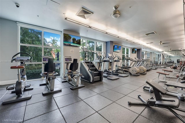 workout area with ceiling fan