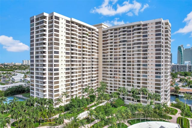 view of building exterior with a water view