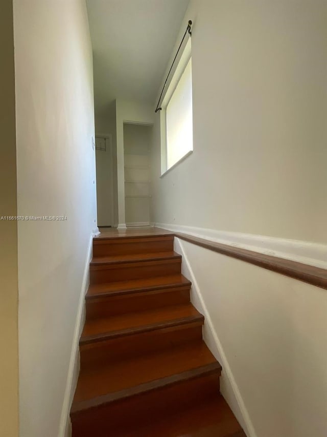 stairs featuring hardwood / wood-style flooring