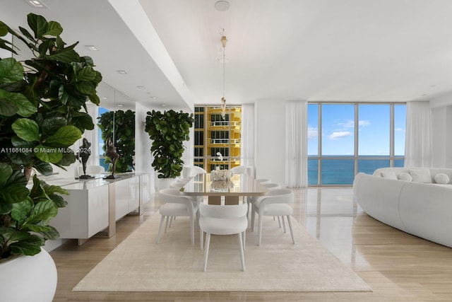 dining room with expansive windows, light hardwood / wood-style flooring, and a water view