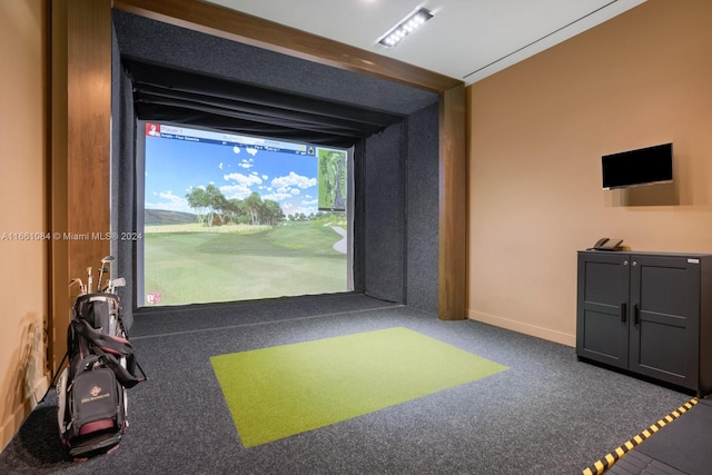 rec room with carpet and golf simulator