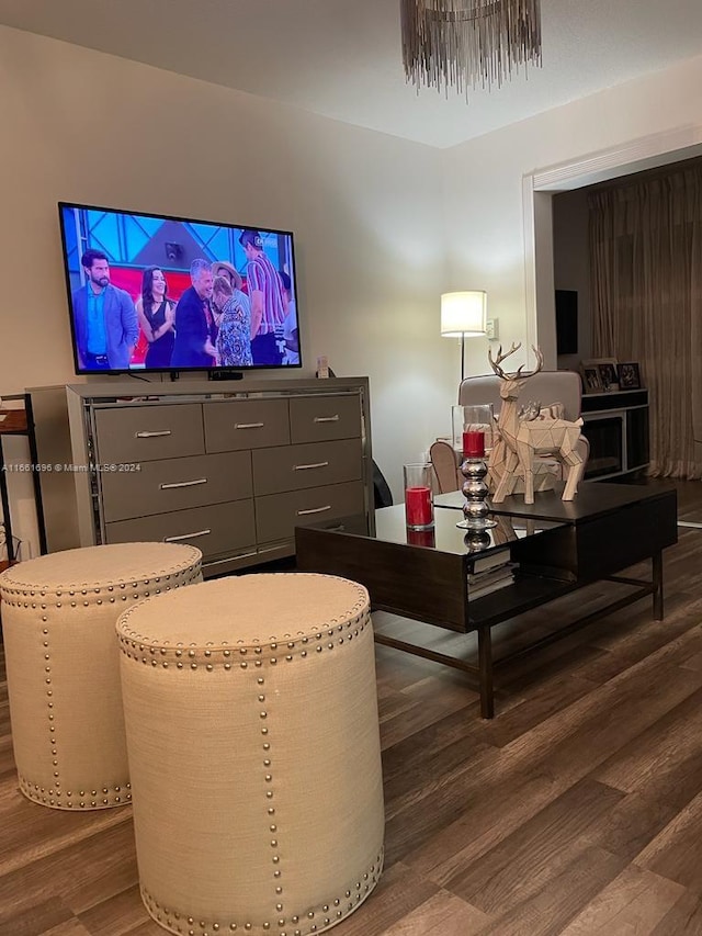 living room with dark hardwood / wood-style flooring