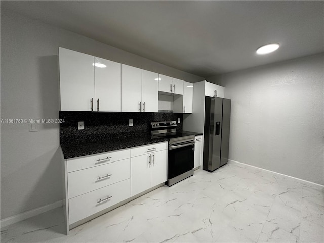 kitchen with refrigerator with ice dispenser, stainless steel range with electric stovetop, white cabinetry, and backsplash