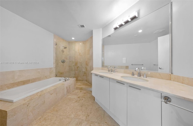 bathroom with separate shower and tub and vanity