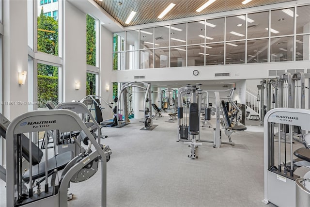 workout area with a high ceiling