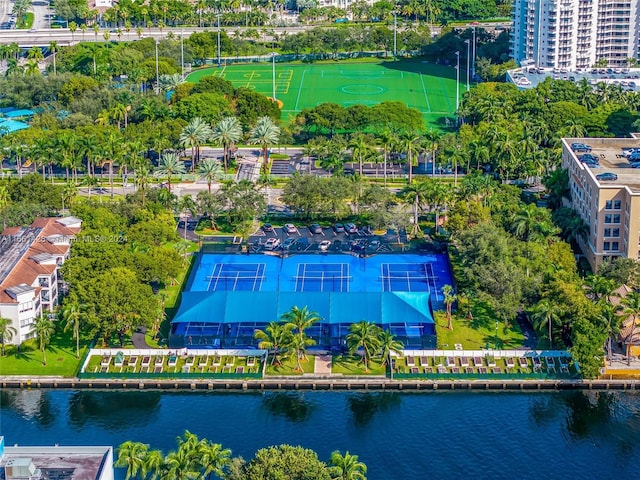 drone / aerial view with a water view