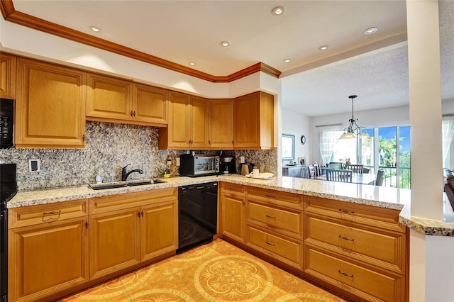 kitchen featuring backsplash, kitchen peninsula, black appliances, ornamental molding, and sink