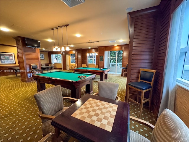 playroom featuring carpet floors, billiards, and wood walls