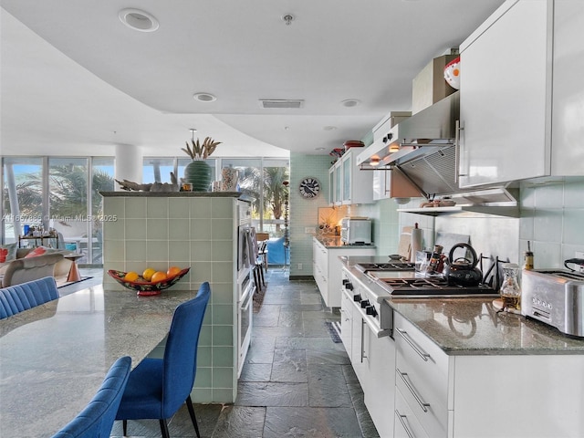 kitchen featuring expansive windows, stainless steel gas cooktop, decorative backsplash, and white cabinets