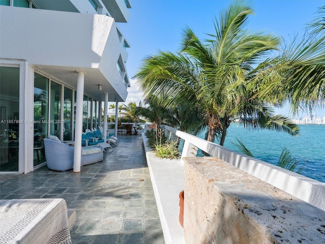 view of patio / terrace featuring a water view