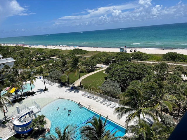 aerial view with a view of the beach and a water view