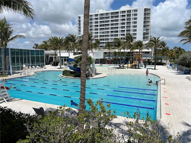 view of swimming pool featuring a patio