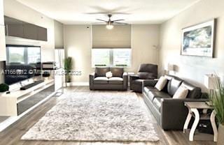 living room featuring wood-type flooring, ceiling fan, and a healthy amount of sunlight