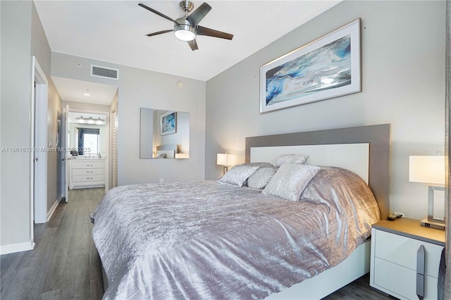 bedroom featuring dark wood-type flooring and ceiling fan