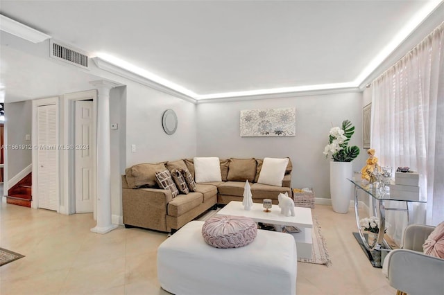 tiled living room with decorative columns