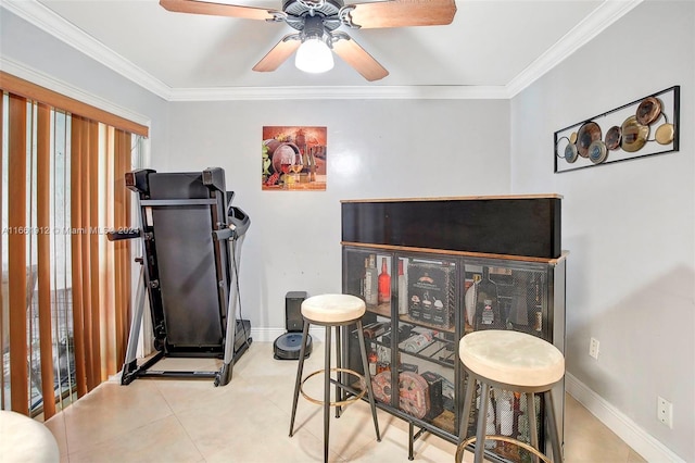 workout area with ceiling fan and ornamental molding