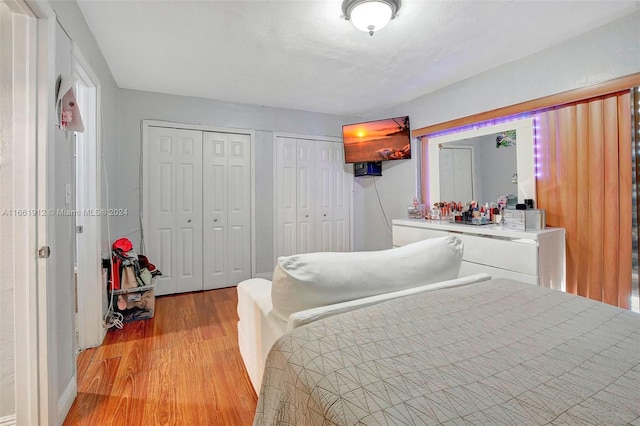 bedroom with light wood-type flooring and multiple closets