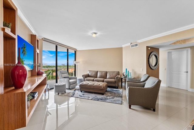 tiled living room with expansive windows and crown molding