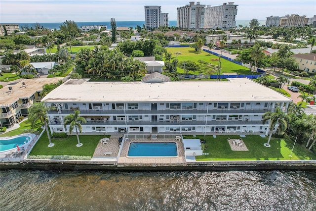 aerial view featuring a water view